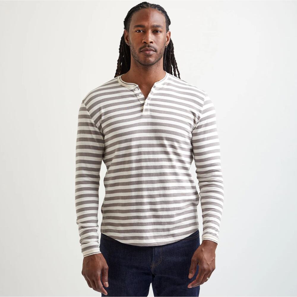 Left Coast Tee Marina‎ Long Sleeve Henley Shirt Striped Cotton Gray Cream Small